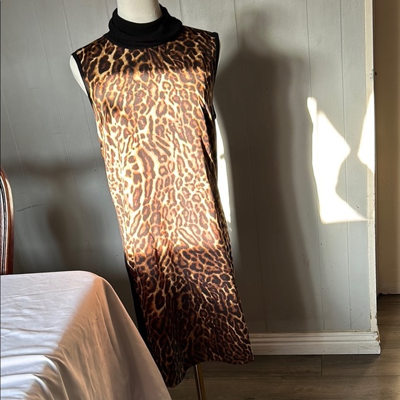 Cream and Brown Sheath Mini Dress Mock Neck Sleeveless - Picture 1 of 7
